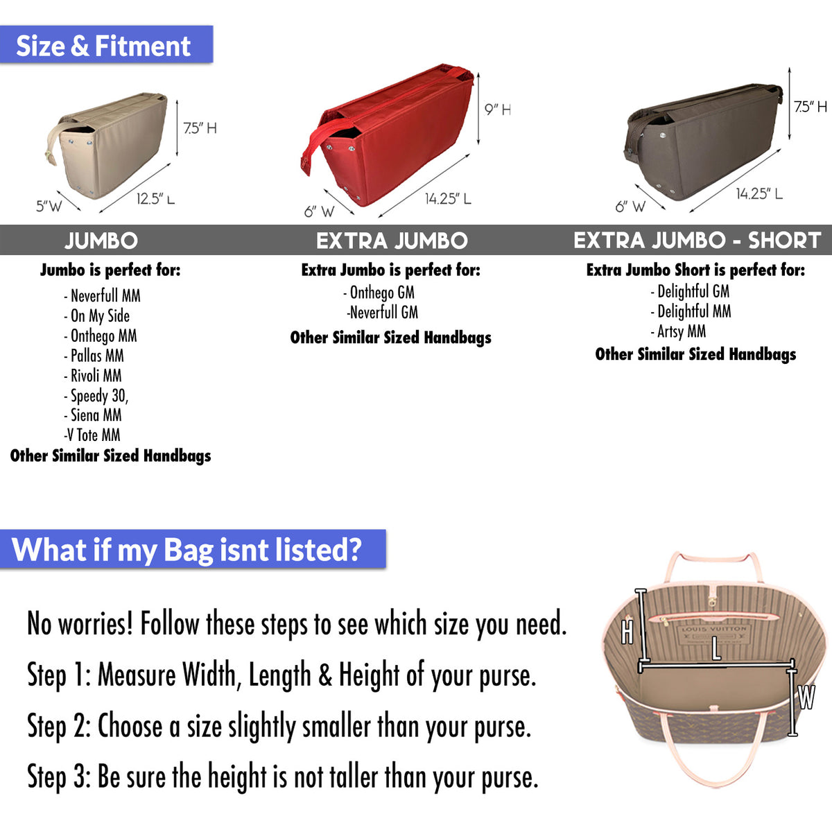 A flyer showcasing the variety of sizes in our Purse Bling Exclusive Zippered Purse Organizer Insert - Extra Jumbo collection, featuring protective zipper designs.