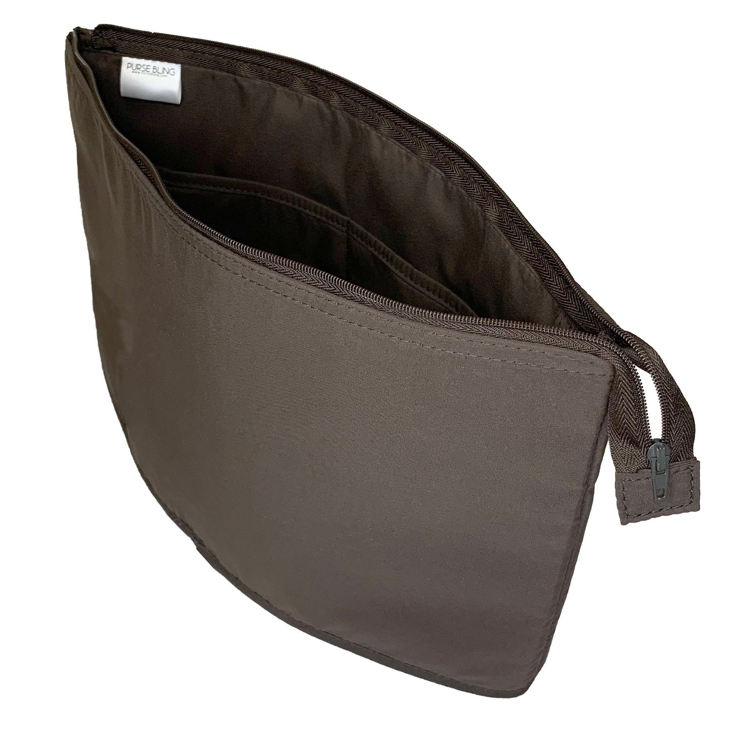 A Purse Bling slim purse organizer insert with zipper in extra jumbo size, featuring a high-quality zipper and visible label inside the lining, is crafted from durable brown polyester/nylon fabric and displayed open.