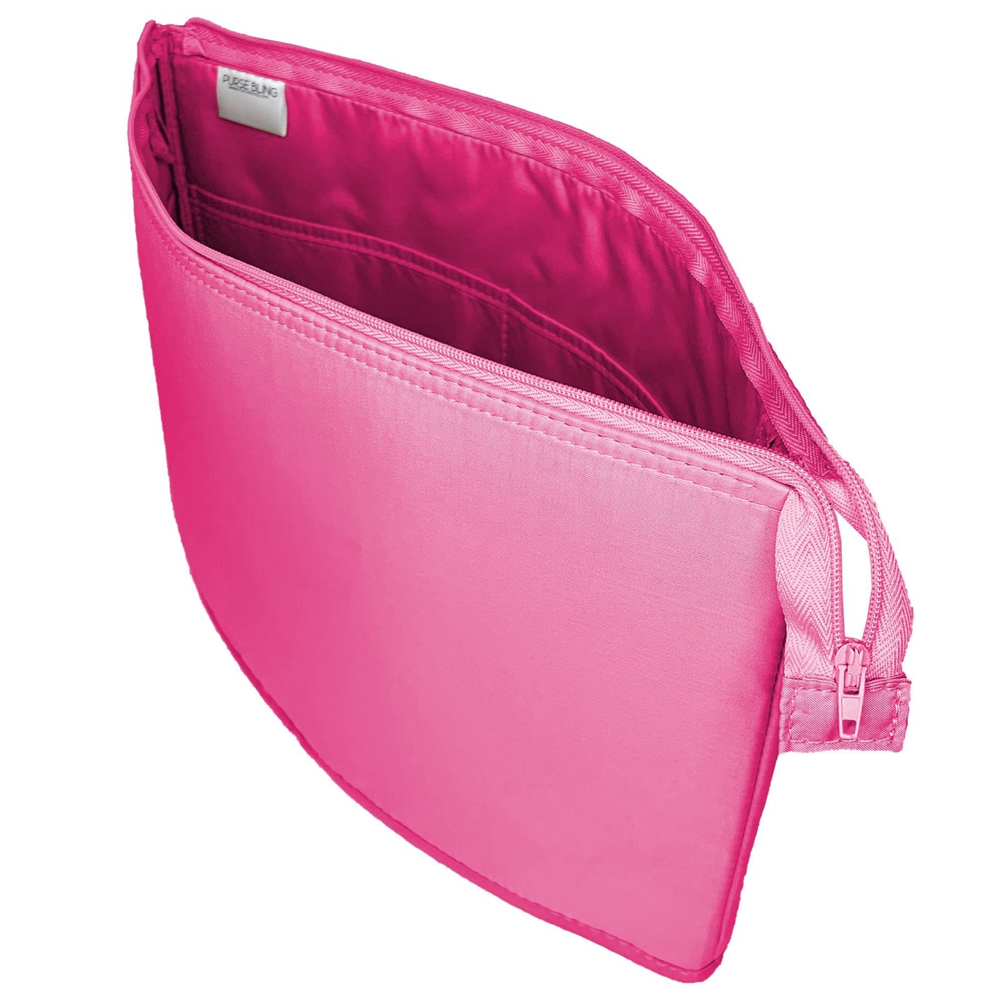 The Purse Bling Slim Purse Organizer Insert with Zipper in Extra Jumbo, by Purse Bling, is a pink fabric pouch featuring a high-quality zipper and an open view of its interior compartment. This versatile polyester organizer ensures your essentials are kept tidy and easily accessible.