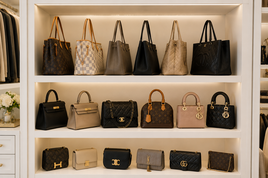 A clean upscale closet or dressing room with designer handbags