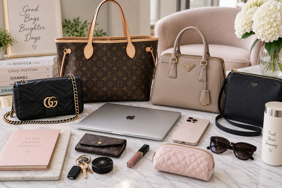 several different designer handbag styles