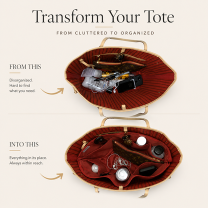 Two images of a tote bag: the top displays messy, cluttered contents, while the bottom showcases the same items neatly organized in separate compartments using the Purse Bling Exclusive Zippered Purse Organizer Insert - Extra Jumbo - Short by Purse Bling.
