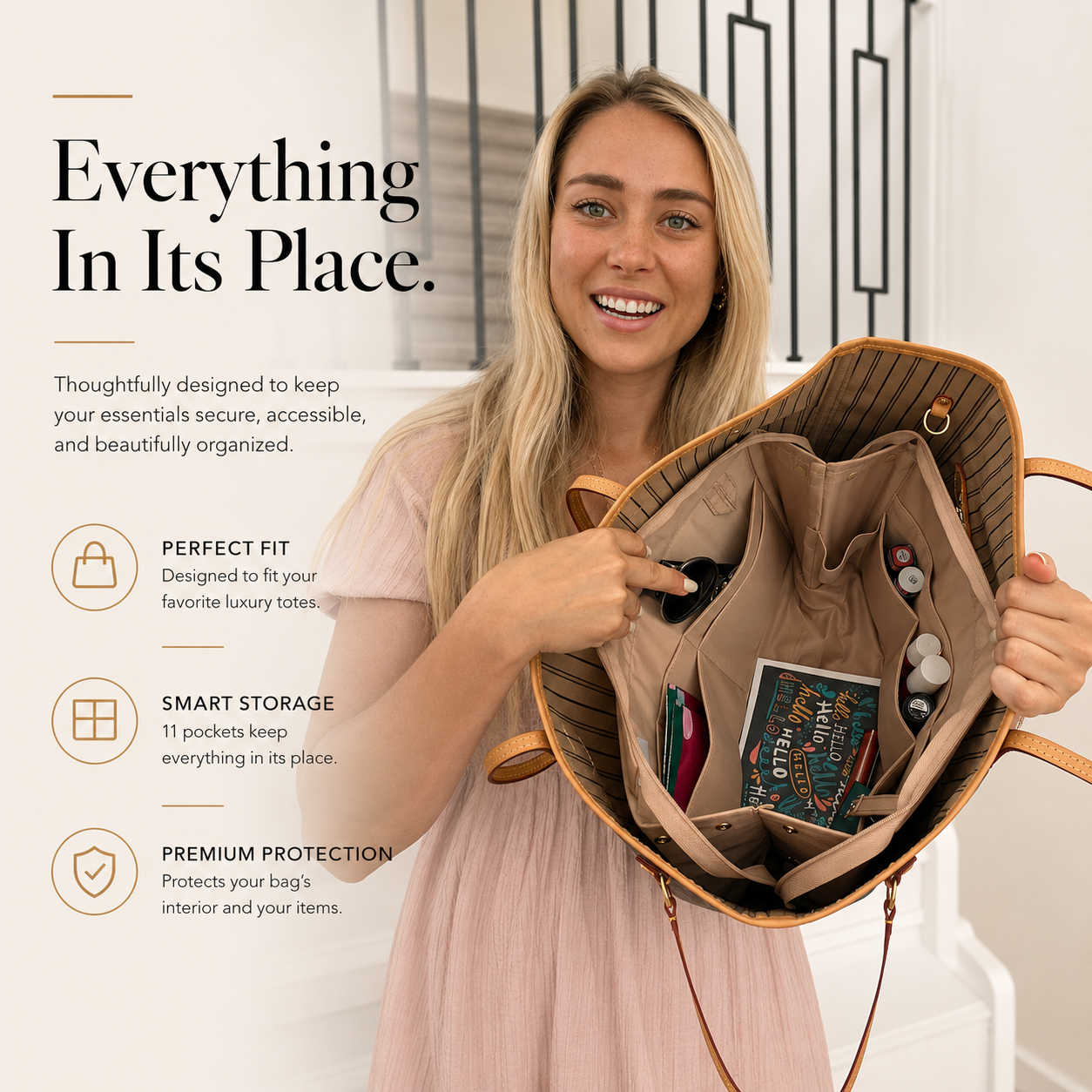 A woman displays a tan tote bag, revealing its neatly organized interior featuring the Purse Bling Exclusive Zippered Purse Organizer Insert - Extra Jumbo - Short by Purse Bling; text emphasizes smart storage solutions, a perfect fit for large totes, and premium protection for your essentials.
