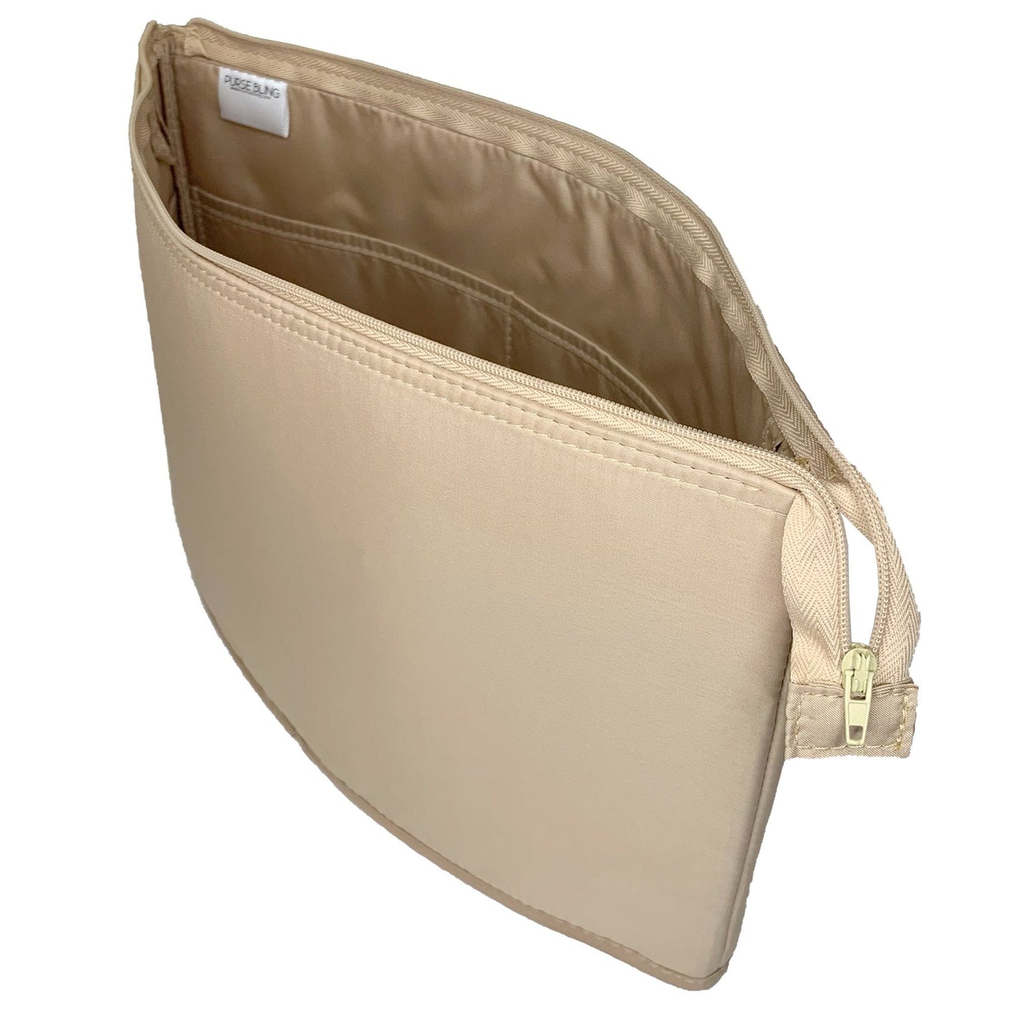 The image shows the Purse Bling Slim Purse Organizer Insert with Zipper, a beige pouch made from lightweight material, featuring high-quality zippers and interior compartments, viewed from an angle.