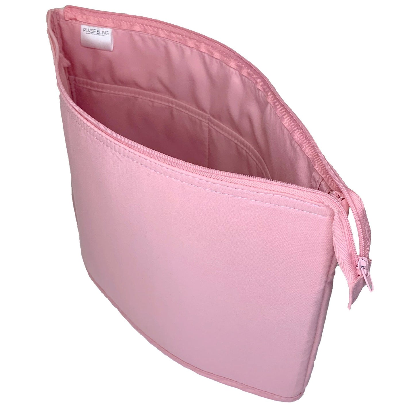 The Purse Bling Slim Purse Organizer Insert with Zipper, designed by Purse Bling in a vibrant pink hue, is made from lightweight fabric and unzips to showcase its inner lining. It works perfectly as either a purse organizer or a standalone accessory.