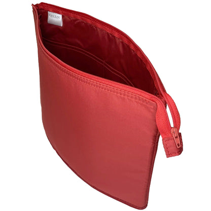 The Purse Bling Slim Purse Organizer Insert with Zipper, crafted from lightweight material and seen from an angle, showcases a red zippered pouch with a curved opening. This stylish organizer from Purse Bling features a high-quality zipper for secure closure and easy access.