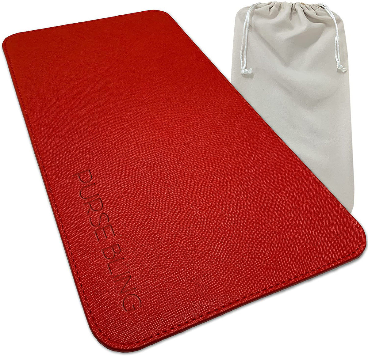 A red leather Base Shaper for LV Speedy Bags with a white Purse Bling pouch for purse sag.