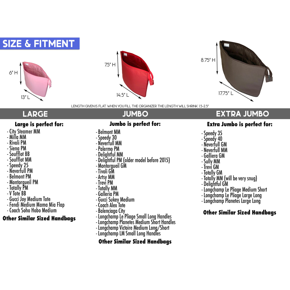 A chart illustrating the various sizes of Purse Bling &quot;Purse To Go&quot; Style Organizer Inserts with Zipper - Extra Jumbo, with a focus on zipper design.
